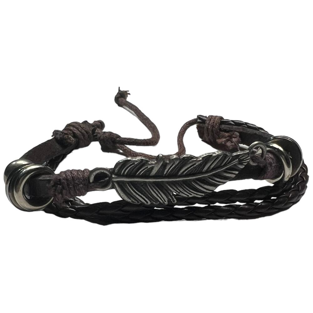 Brown Leather Braided Bracelet with Beads and Leaf Detail